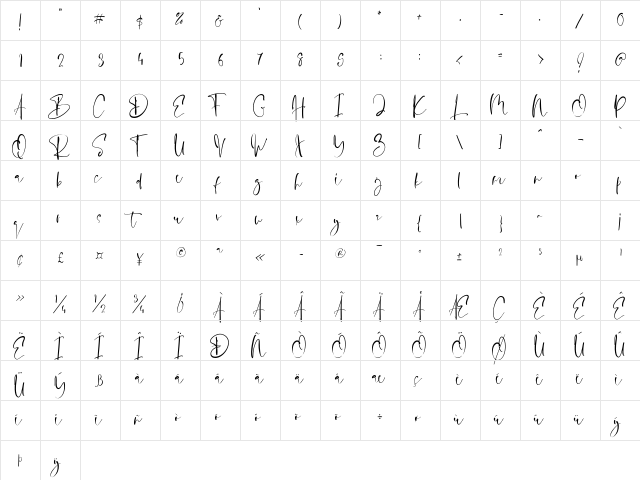Evanston Regular  glyph index