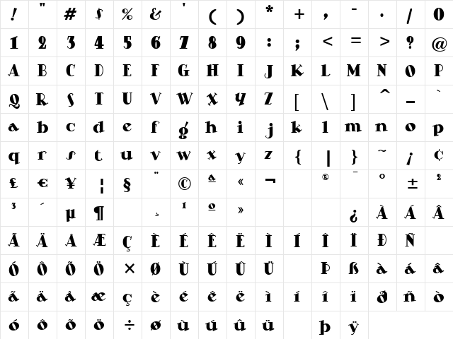 Steppin Out Bt Roman Regular  glyph index