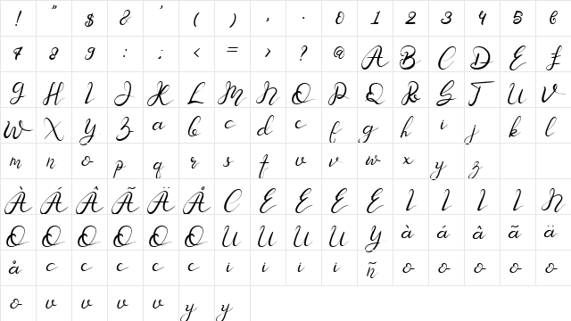 Senoritta Regular  glyph index