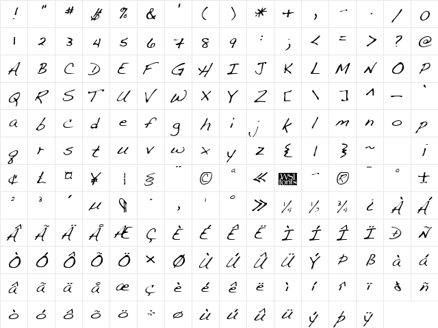 FultonsHand Regular  glyph index