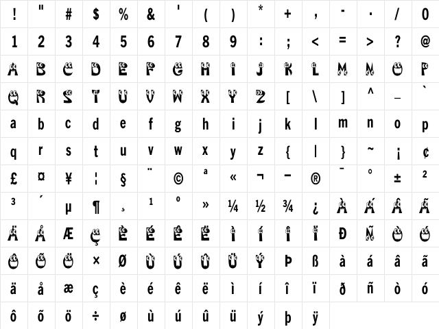 KAHorribleSquish Regular  glyph index
