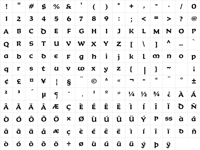 Korigan ITC Std Bold  glyph index