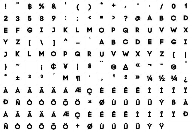 Code Pro Bold Regular  glyph index