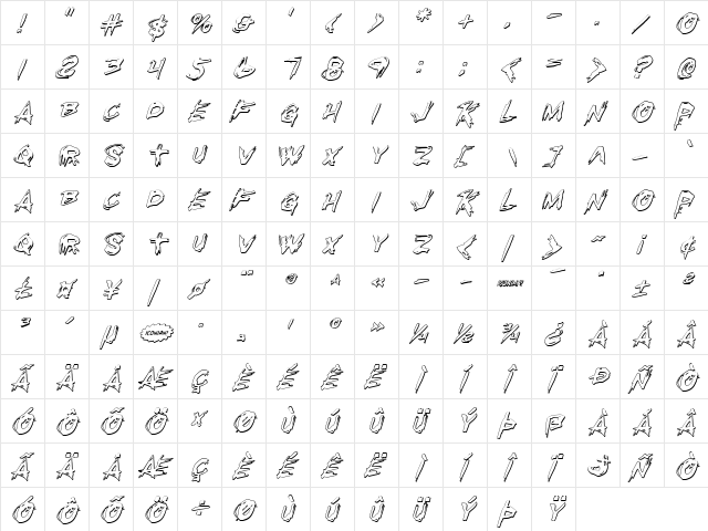 Righteous Kill Outline Italic Italic  glyph index