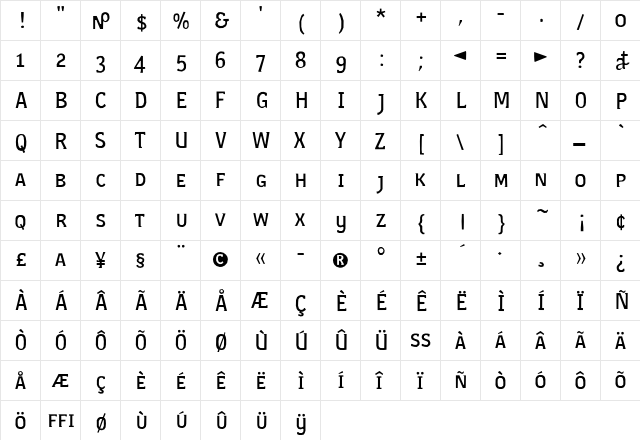 Cornwall Medium  glyph index