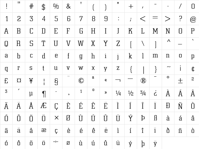 BertholdCity-Light Light  glyph index