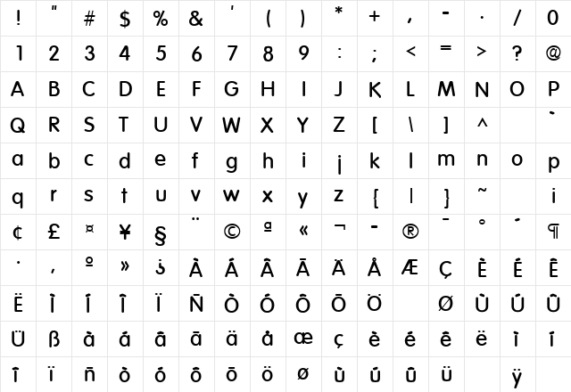 Volkswagen Bold  glyph index