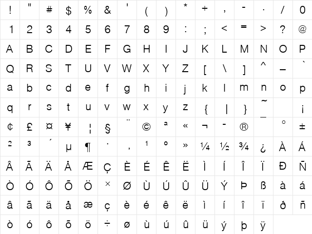 NimbusSanTLig Regular  glyph index