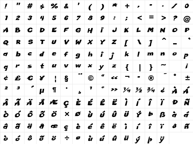 Little Piggy BTN Wide Oblique  glyph index