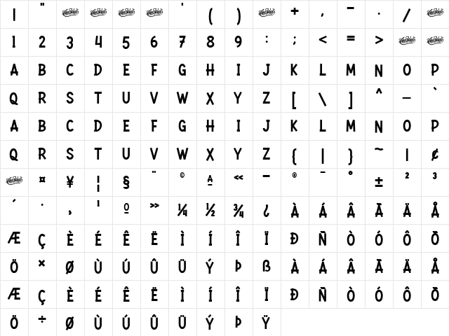 Rockbitz Regular  glyph index