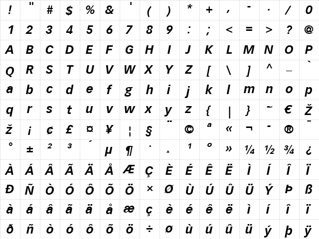 Vectora LT Light Bold Italic  glyph index