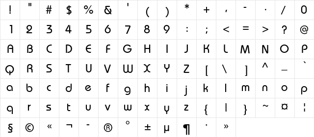 BauhausC Medium Regular  glyph index