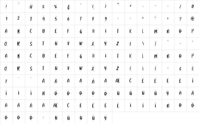 Balming Regular  glyph index