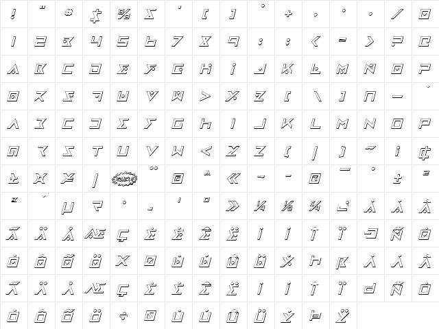 Iron Cobra 3D Italic Italic  glyph index