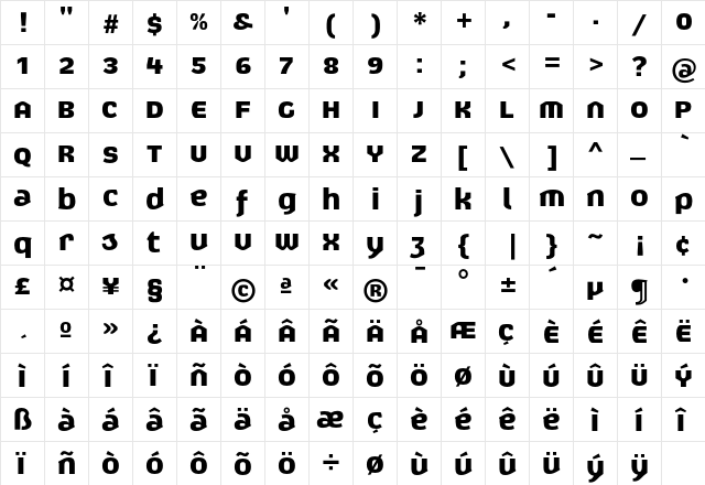 Exert Bold  glyph index