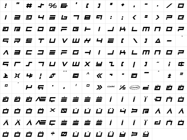 Avenger Italic Italic  glyph index