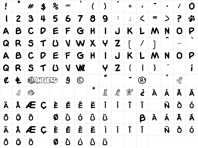 Garfield Regular  glyph index