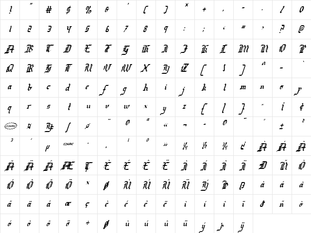 Redcoat Condensed Italic Italic  glyph index