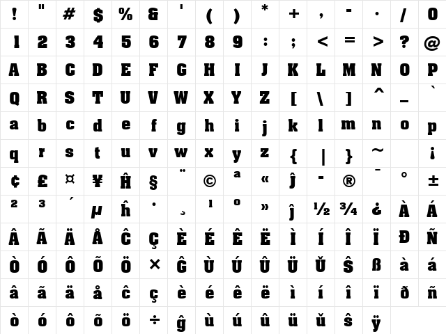Aachen Eo Bold  glyph index