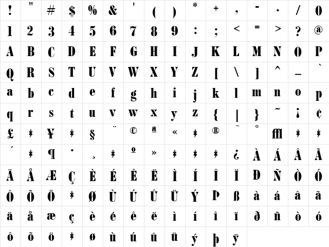BodoniFB Regular  glyph index