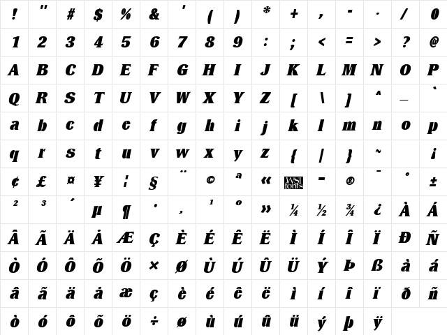 DresselBlack Italic  glyph index