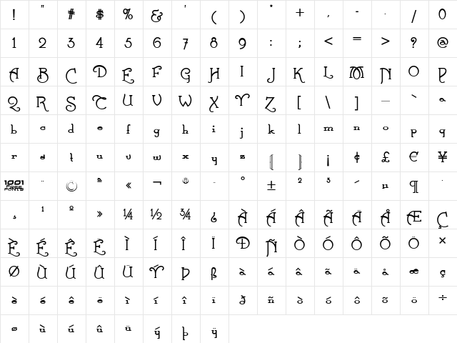 Calamity Jane NF Bold Bold  glyph index