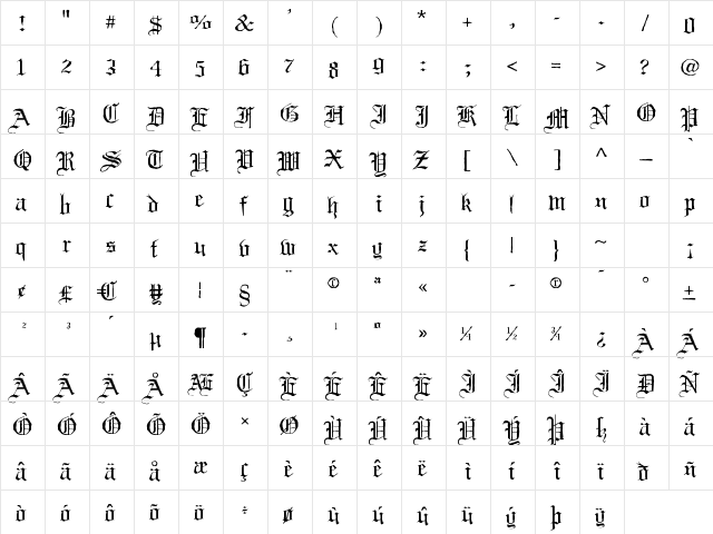 Black Night Regular  glyph index