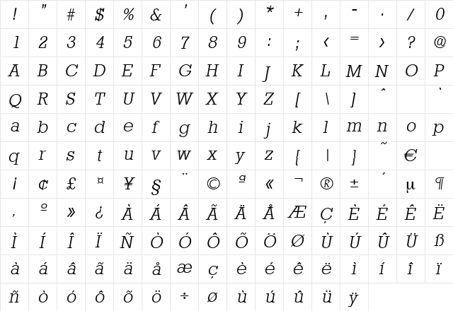 Stafford-LightIta Regular  glyph index