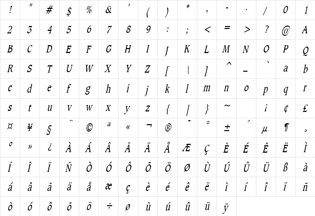 Clayton Thin Italic  glyph index