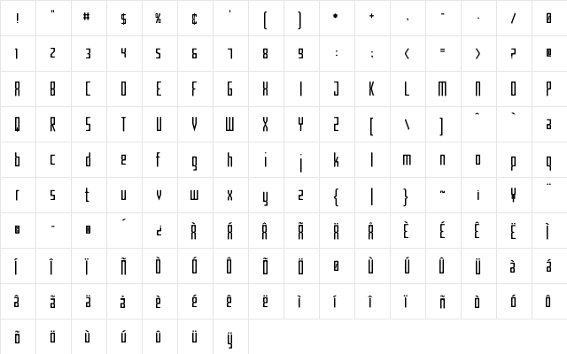 CriminalNarrow Regular  glyph index