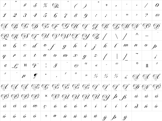 Chateau Regular  glyph index
