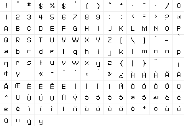 SF Pixelate Regular  glyph index