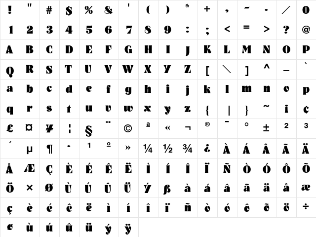 Nashville Hvy  glyph index