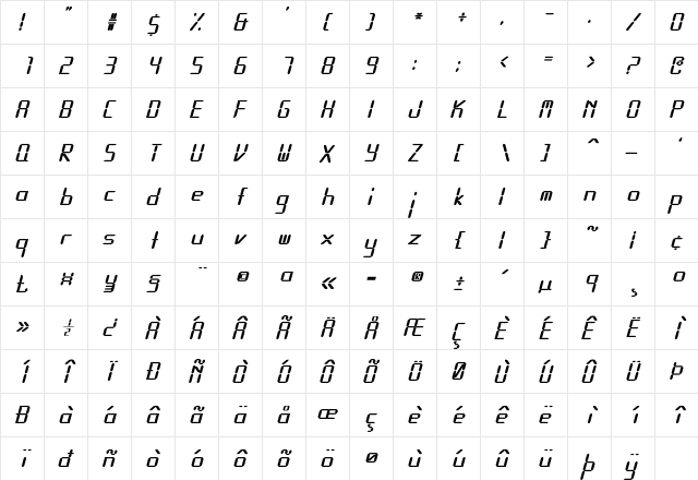 Calculator Bold Italic  glyph index