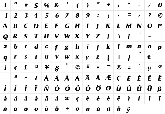 Sigvar-BoldIta Regular  glyph index