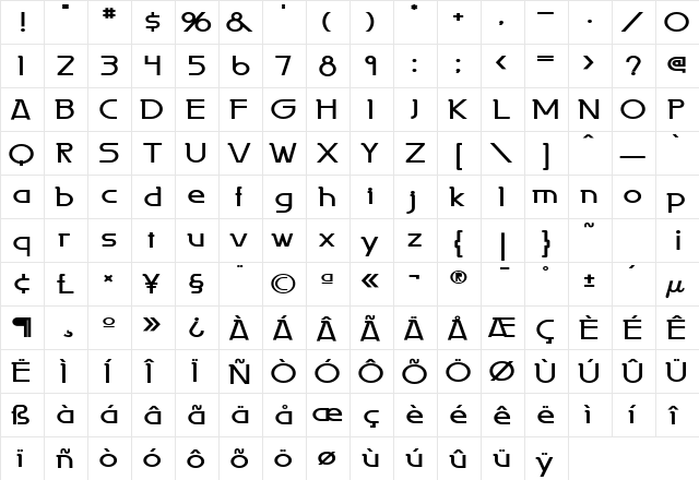 Persia Wide Bold  glyph index