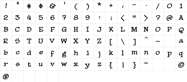 PaperBoy BB Regular  glyph index