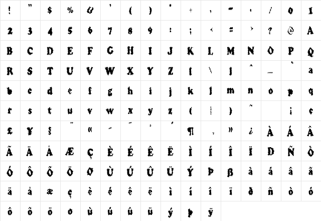 TooMuchCoffee Regular  glyph index