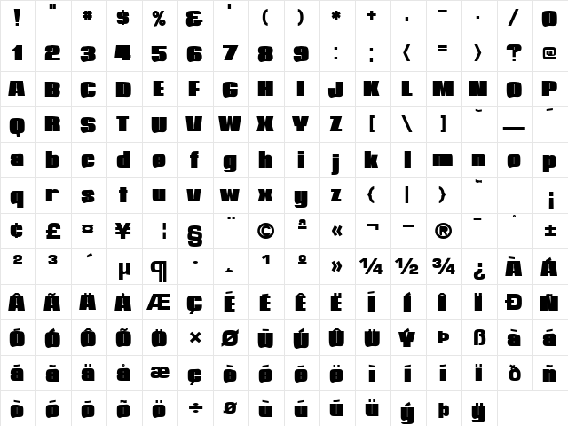 GraphicShoesText113 Bold  glyph index