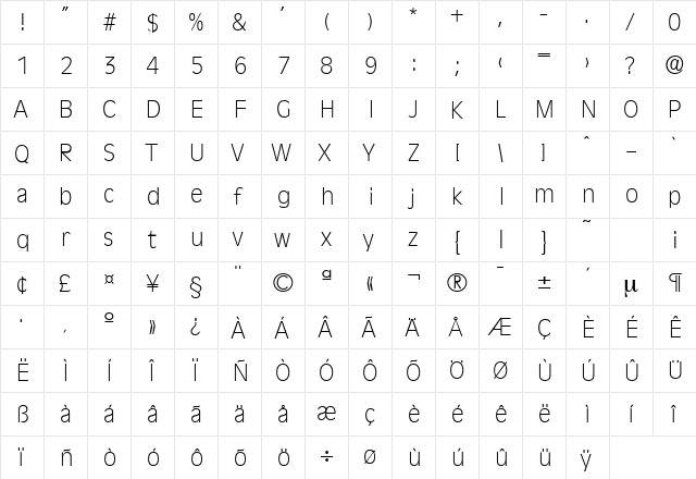 Ravenna-Serial-ExtraLight Regular  glyph index