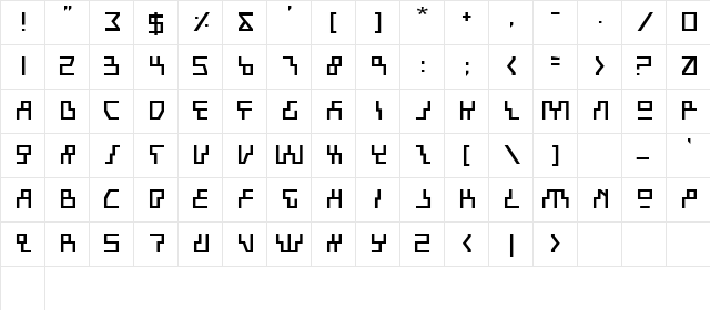 Beam Rider Regular  glyph index