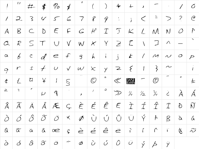 HanfordsHand Regular  glyph index