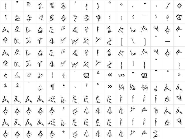StingerShadow Regular  glyph index