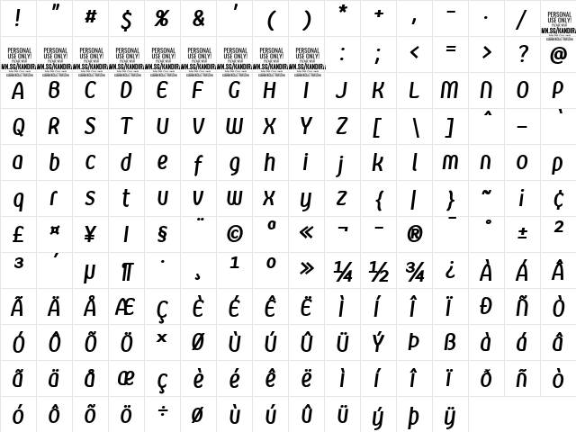 Kandira PERSONAL Bold Italic  glyph index