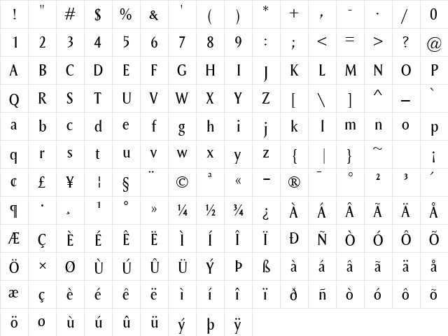 Saga Regular  glyph index