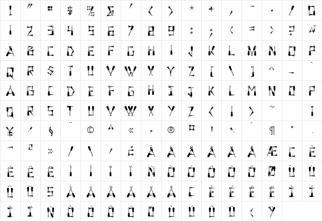 Screwged Regular  glyph index