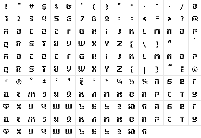 DexterC Regular  glyph index