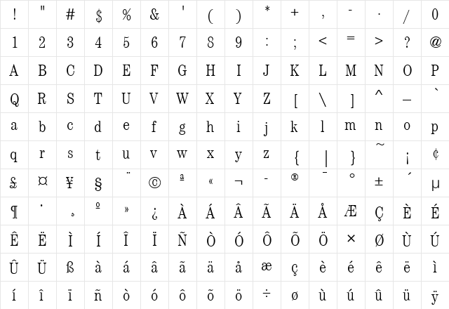 CenturyCdITC Light  glyph index