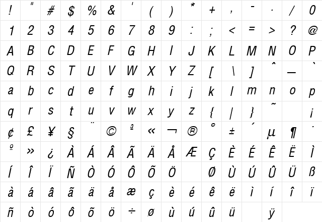 Hallmarke Italic  glyph index