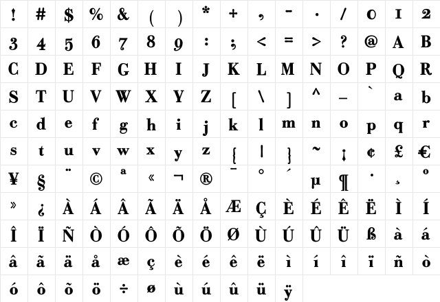 Robusta Bold  glyph index